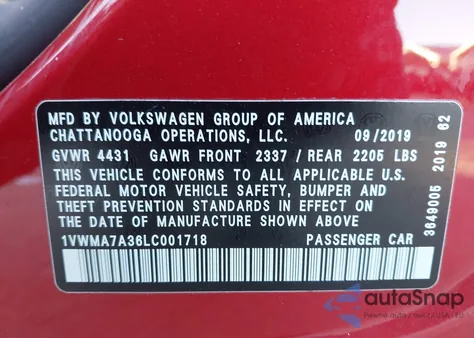 2020 Volkswagen Passat 2.0T R-Line z USA, uszkodzony, nr VIN 1VWMA7A36LC001718